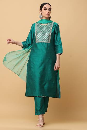 Green kosa silk solid & embroidred work straight kurta pant with dupatta (set of 3)