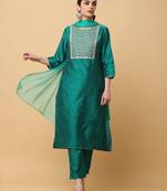 Green kosa silk solid & embroidred work straight kurta pant with dupatta (set of 3)