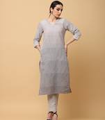 Grey south cotton solid & trim work straight kurta pant (set of 2)
