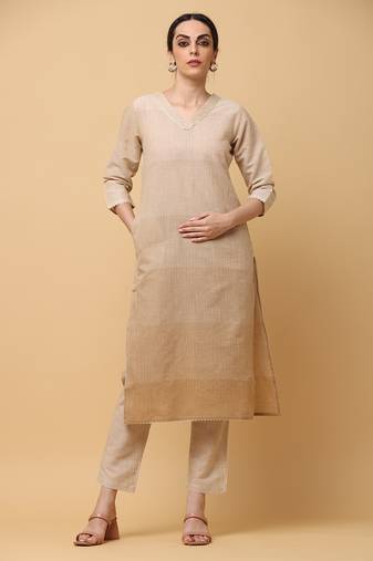 Brown south cotton solid & trim work straight kurta pant (set of 2