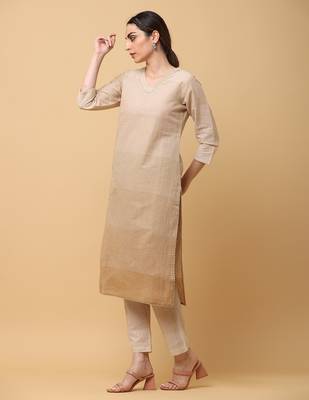 Brown south cotton solid & trim work straight kurta pant (set of 2 2