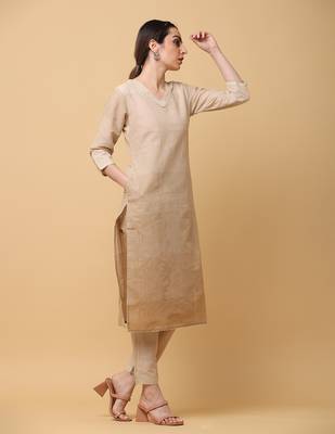 Brown south cotton solid & trim work straight kurta pant (set of 2 3