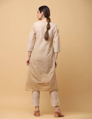 Brown south cotton solid & trim work straight kurta pant (set of 2 4
