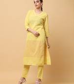Yellow south cotton solid & trim work straight kurta pant (set of 2)