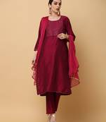 Purple kosa silk solid & embroidred work straight kurta pant with dupatta (set of 3)