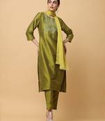 Olive kosa silk solid & embroidred work straight kurta pant with dupatta (set of 3)