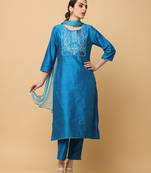 Turquoise blue kosa silk solid & embroidred work straight kurta pant with dupatta (set of 3)