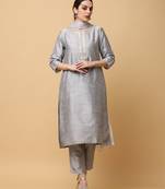 Silver kosa silk solid & embroidred work straight kurta pant with dupatta (set of 3)