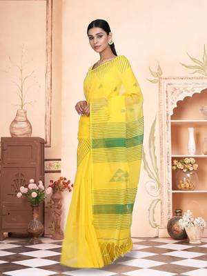 Yellow Triangle Design Hand Weaven Cotton Silk Handloom Saree With Blouse 1