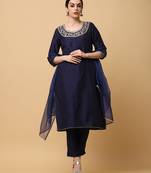 Navy blue kosa silk solid & embroidred work straight kurta pant with dupatta (set of 3)
