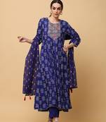Blue rayon printed & embroidred work anarkali kurta pant with dupatta (set of 3)