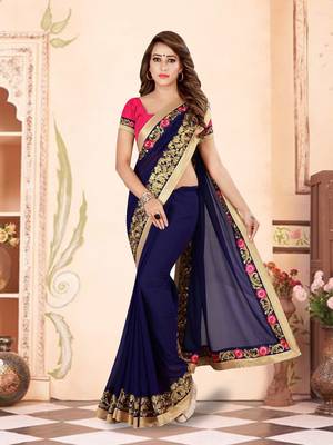Blue Georgette Embroidered Saree With Unstiched Blouse 1