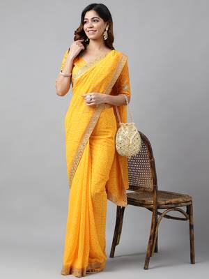 Yellow bandhani printed embroidery work in lace georgette saree with blouse piece 1