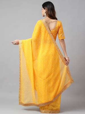 Yellow bandhani printed embroidery work in lace georgette saree with blouse piece 2