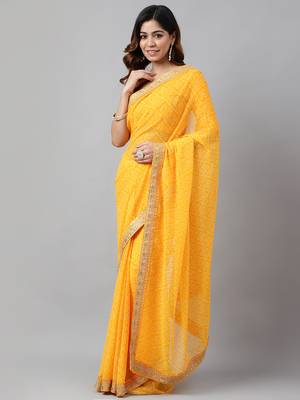 Yellow bandhani printed embroidery work in lace georgette saree with blouse piece 3