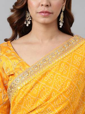 Yellow bandhani printed embroidery work in lace georgette saree with blouse piece 5