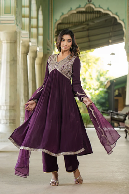 Purple Viscose Rayon Slub Fabric Sequence Embroidered Work Straight Kurta, Pant and Dupatta Set 1