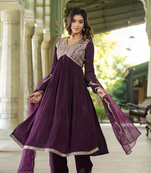 Purple Viscose Rayon Slub Fabric Sequence Embroidered Work Straight Kurta, Pant and Dupatta Set