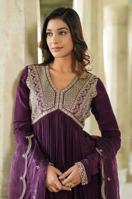 Purple Viscose Rayon Slub Fabric Sequence Embroidered Work Straight Kurta, Pant and Dupatta Set 2
