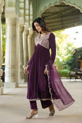 Purple Viscose Rayon Slub Fabric Sequence Embroidered Work Straight Kurta, Pant and Dupatta Set 3