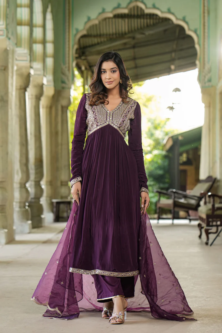 Purple Viscose Rayon Slub Fabric Sequence Embroidered Work Straight Kurta, Pant and Dupatta Set