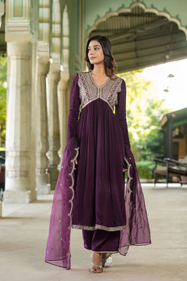 Purple Viscose Rayon Slub Fabric Sequence Embroidered Work Straight Kurta, Pant and Dupatta Set 5