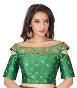 Green Boat Neck Off Shoulder Cold Shoulder Elbow Sleeves Readymade Saree Blouse