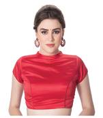 Red High Neck Short Sleeves Padded Back Open Full Zipper Readymade Saree Blouse