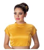 Yellow High Neck Short Sleeves Padded Back Open Full Zipper Readymade Saree Blouse