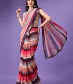 Wine leriya print georgette double line mirror lace border saree