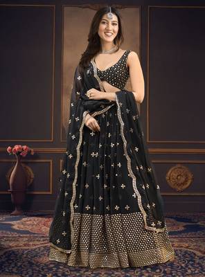 Black Embroidered work Faux Georgette Fabric wedding Lehenga Choli with Dupatta. 1
