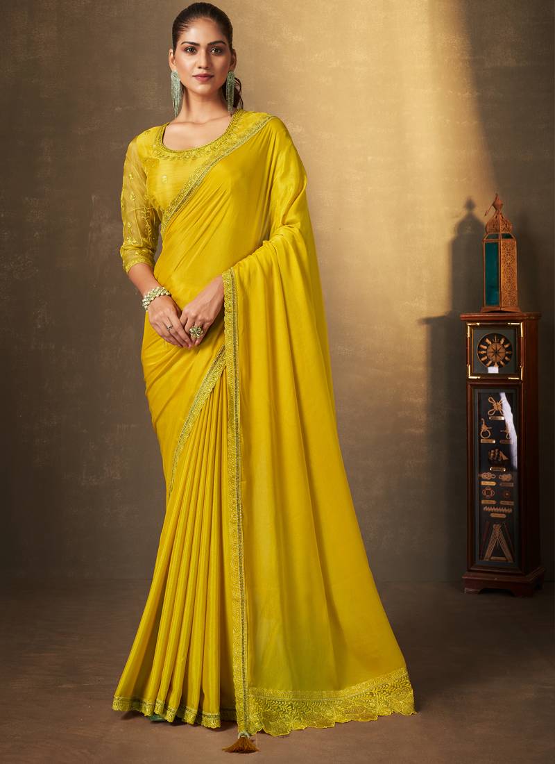 Mustard satin silk solid saree with unstitched blouse piece