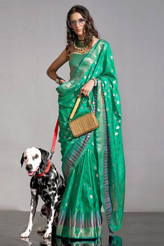 Green Banarasi Style Handloom Weaving Silk Saree With Blouse For Women