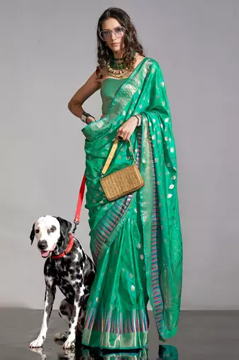 Green Banarasi Style Handloom Weaving Silk Saree With Blouse For Women