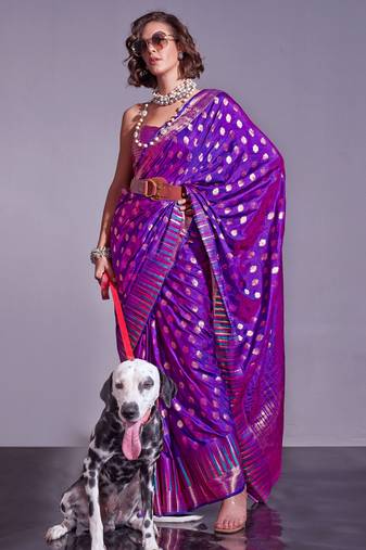 Purple Banarasi Style Handloom Weaving Silk Saree With Blouse For Women