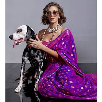 Purple Banarasi Style Handloom Weaving Silk Saree With Blouse For Women 2
