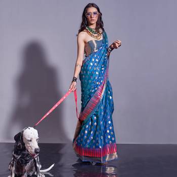 Sky Blue Banarasi Style Handloom Weaving Silk Saree With Blouse For Women 1