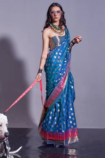 Sky Blue Banarasi Style Handloom Weaving Silk Saree With Blouse For Women