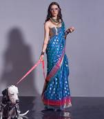 Sky Blue Banarasi Style Handloom Weaving Silk Saree With Blouse For Women