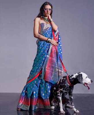 Sky Blue Banarasi Style Handloom Weaving Silk Saree With Blouse For Women 2