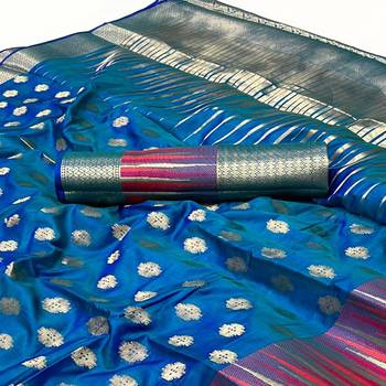 Sky Blue Banarasi Style Handloom Weaving Silk Saree With Blouse For Women 3