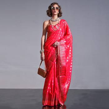 Pink Banarasi Style Handloom Weaving Silk Saree With Blouse For Women 1