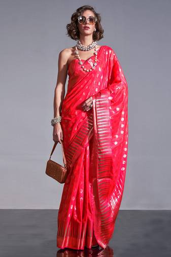 Pink Banarasi Style Handloom Weaving Silk Saree With Blouse For Women
