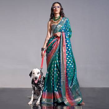 Sea Blue Banarasi Style Handloom Weaving Silk Saree With Blouse For Women 1