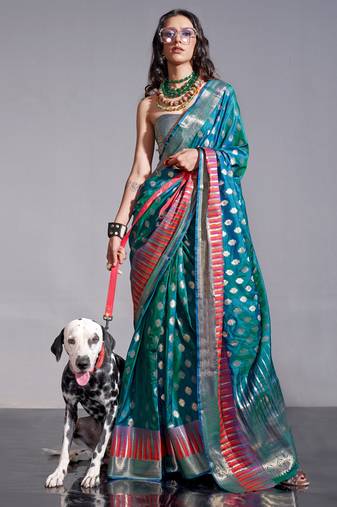 Sea Blue Banarasi Style Handloom Weaving Silk Saree With Blouse For Women