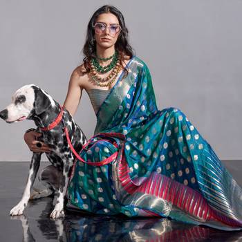 Sea Blue Banarasi Style Handloom Weaving Silk Saree With Blouse For Women 2