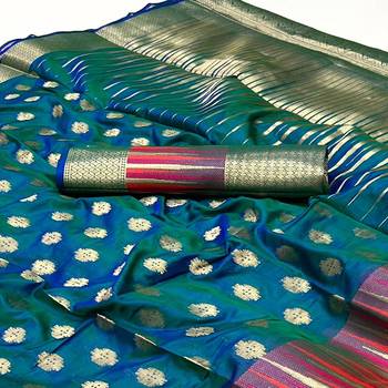 Sea Blue Banarasi Style Handloom Weaving Silk Saree With Blouse For Women 3