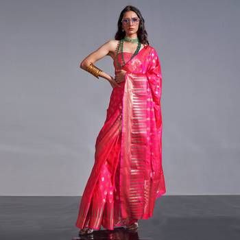 Rani Pink Banarasi Style Handloom Weaving Silk Saree With Blouse For Women 1