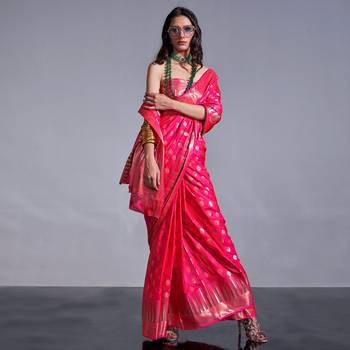 Rani Pink Banarasi Style Handloom Weaving Silk Saree With Blouse For Women 2