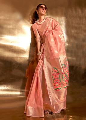 Peach Handwoven Tissue Fabric Festive & Party Style Saree With Blouse For Women 1